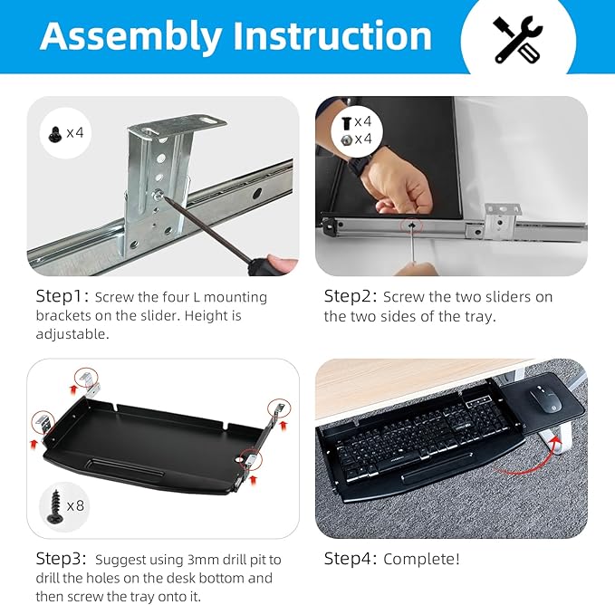 Solid Steel Under Desk Keyboard Tray Slide Out with 360° Rotating Mouse Platform,Keyboard Shelf Sliding,Under Desk Mounted Keyboard Holder,Under Desk Keyboard Drawer 28"Lx10"W-DeskLoop Office