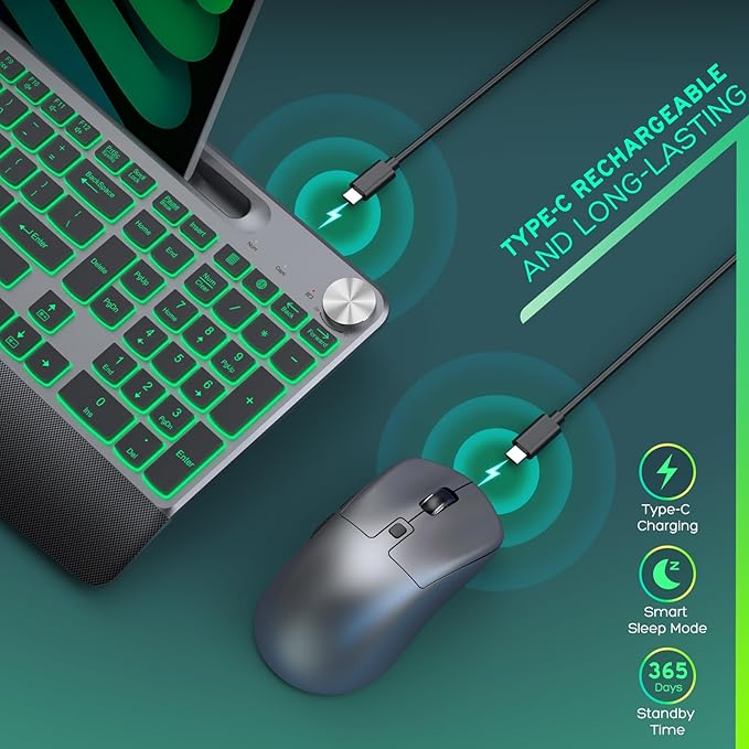 Backlit Keyboard and Mouse Combo, 7 Colors Wireless Keyboard Ergonomic with Wrist Rest and Volume Knob,Phone Holder,Rechargeable with Light Up Keyboard for Laptop, PC, Mac, Windows -Black-DeskLoop Office