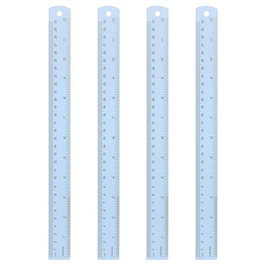 HARFINGTON 4pcs Metal Straight Ruler 30cm Metric SAE Aluminum Alloy Measuring Rulers Scale Tool with Hole for Measure Study Reading Classroom Office, Light Blue-DeskLoop Office