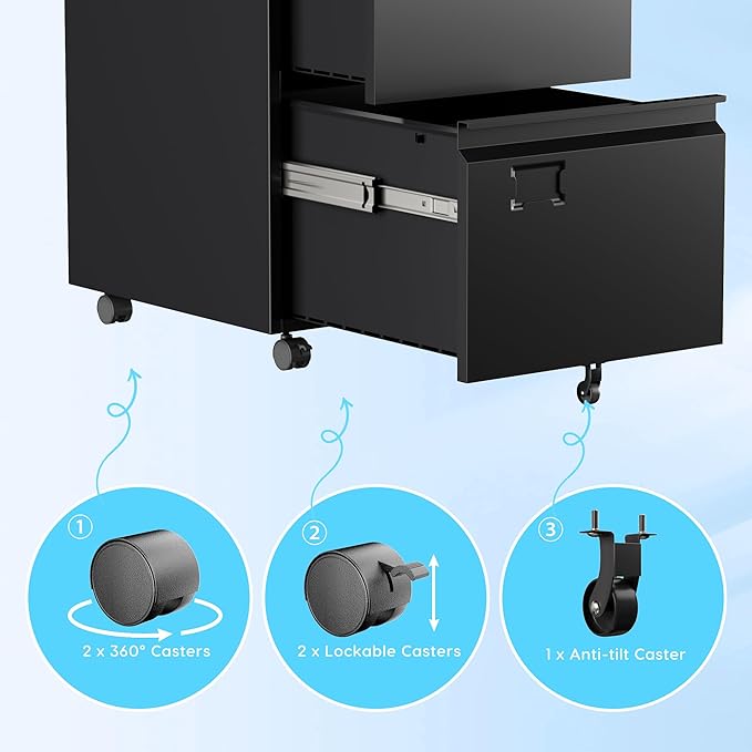 Aobabo 2 Drawer File Cabinet, Lockable Metal Filing Cabinet with Wheels for Home Office, Legal/Letter Size, Required Assembled,Black-DeskLoop Office