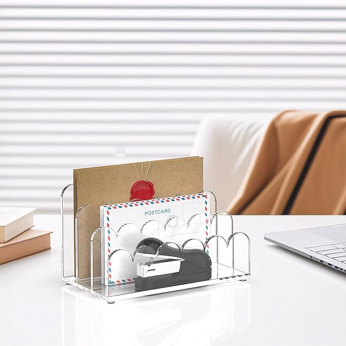 YAGELI 2 Pack 3-Slot Acrylic Mail Organizer for Desktop – Scalloped Clear Document Sorter, Vertical File Holder for Office/Home, Space-Saving Desk Organizer for Letters, Bills, Stationery-DeskLoop Office