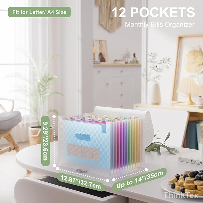 ThinkTex Accordion File Organizer, 12 - Pocket Expanding File Folders for Paper Receipts, Bills&Taxes Organizer, Letter/A4 Size Document Holder for School, Office, Home with Colorful tabs- Blue-DeskLoop Office