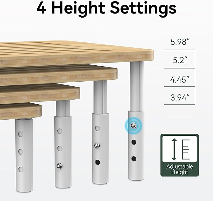 Bamboo Monitor Stand Riser, 4 Adjustable Height, Laptop Stand with Airflow Vents, Desk Organizer for Computer, PC, Printer (Natural)-DeskLoop Office