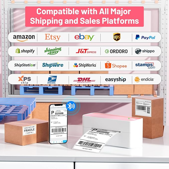 Phomemo Thermal Shipping Label Printer, 241BT Label Printer for Shipping Packages & Small Business, Pink 4x6 Bluetooth Label Printers Compatible with Android iOS Windows, Amazon, Ebay,UPS, Shopify-DeskLoop Office
