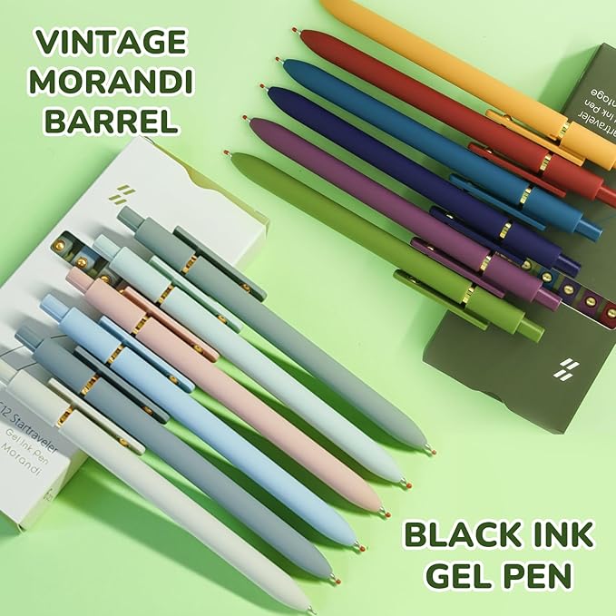 Gel Pens, 12 Pcs Black Ink Pens for Women, 0.5mm Fine Point Smooth Writing Pens, High-End Series Retractable Pens for Journaling Note Taking (12 Pcs Gold Morandi and Vintage)-DeskLoop Office