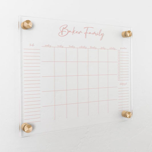 Personalized Clear Acrylic Calendar for Wall, Calendar Whiteboard for Wall, Dry Erase Wall Calendar, Wall Calendar Organizer System for Home (Cursive, Blush, 14"W x 11"H)-DeskLoop Office