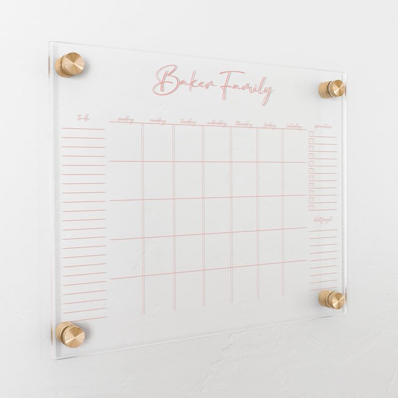 Personalized Clear Acrylic Calendar for Wall, Calendar Whiteboard for Wall, Dry Erase Wall Calendar, Wall Calendar Organizer System for Home (Cursive, Blush, 14"W x 11"H)-DeskLoop Office