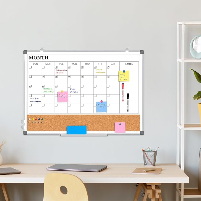 Monthly Calendar Whiteboard Dry Erase Cork Board Combo for Wall, 24" x 18" Double-Sided Calendar White Board and Bulletin Board, Portable Board for Office, Kitchen, School, Home-DeskLoop Office