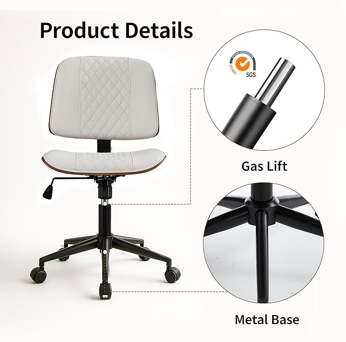 Small Home Office Chair - Armless Mid Back Desk Chair with 360° Swivel and Wheels, PU Upholstered Height Adjustable Modern Walnut Computer Chair for Home, Office Meeting Room - White-DeskLoop Office