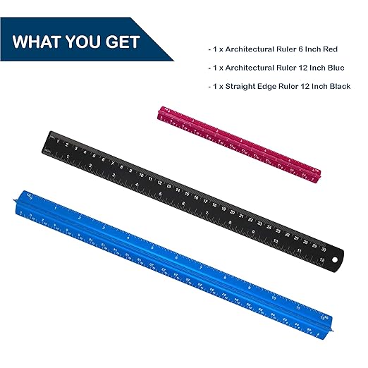 Set of 3 Aluminum Engineering Scale Metal Ruler Set, Architectural Scale Rulers 12 Inch and 6 Inch Triangle Ruler and 12 Inch Straight Edge Ruler Drafting Tools for Architects, Draftsman-DeskLoop Office