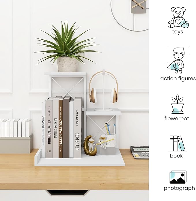 ELITEROO Desk Shelf, Wood Small Bookshelf Desktop Shelves and Organizer, Freestanding 3 Tier Storage Display Stand Home Office Decor for Books Plants Toys, White-DeskLoop Office