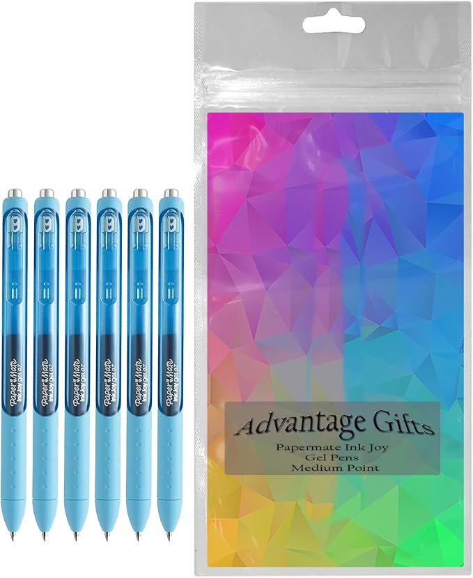Paper Mate InkJoy Gel Pens, Bright Blue, Medium Point (0.7mm), 6 Count, Bundle with Plastic Reusable Pouch-DeskLoop Office