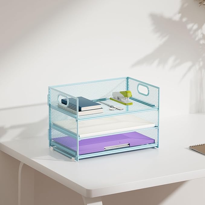Marbrasse 3 Tier Paper Organizer Letter Tray, Mesh File Organizer with Handle, Paper Sorter Desk Organizer for Home Office Supplies - 2p Blue-DeskLoop Office