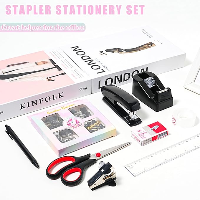 Black Desk Accessories with Pen Holder, Office Supplies Desk Organizers and Accessories, Tape Dispenser, Stapler, Staple Remover, Staples, Clips Set, Ruler, Scissor, Pen, Tape (Black)-DeskLoop Office