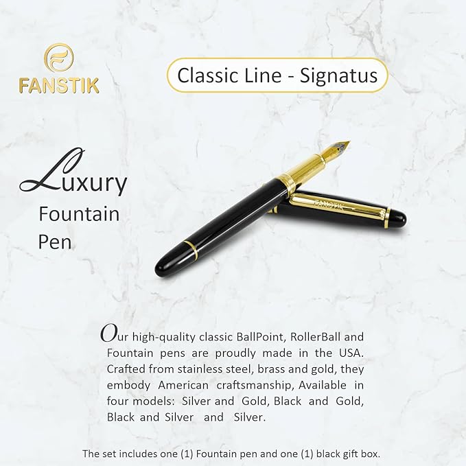 Customized Fountain pen with name (MADE IN USA), stainless steel, black and gold, luxury engraved pen personalized for men and for women. (Fountain Black-Gold)-DeskLoop Office