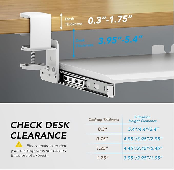 Keyboard Tray Under Desk Pull Out with Extra Sturdy C Clamp Mount System, 27.3 (32.5 inch Including Clamps) x 11 Inch Slide-Out Platform Computer Drawer for Typing White AX01WW01-DeskLoop Office