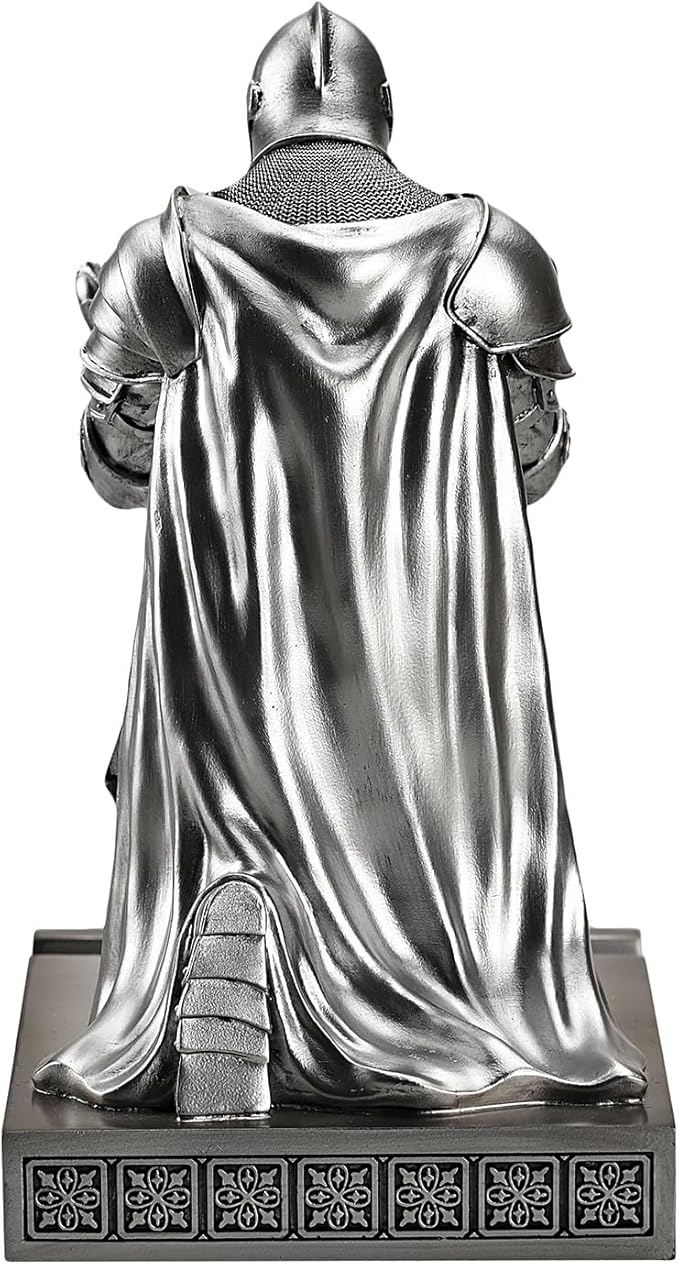 Medieval Armored Warrior Wearing Outerwear, Mobile Phone Stand Knight Pen Holder Desk Organizers, Resin Bookends Paperweight with a Letter Opener for Desk (Silver)-DeskLoop Office