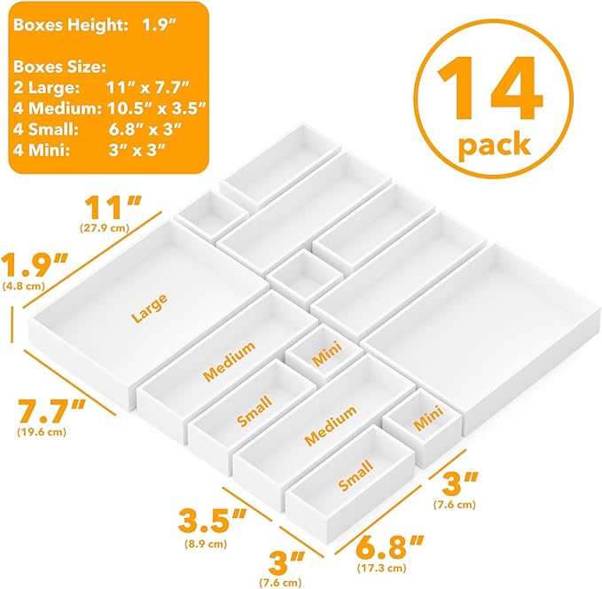 SpaceAid 14-Piece Bamboo Drawer Organizer Storage Boxes Set, Wood Tray Junk Drawer Organizers Multi-Use Divider Bins for Kitchen, Bathroom, Office Desk and Makeup Organization (14 Pack, White)-DeskLoop Office