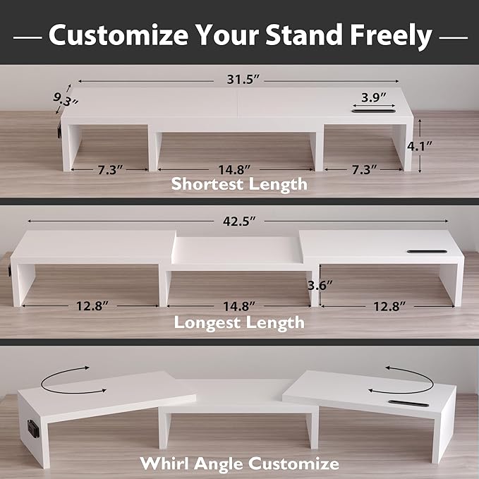 BONTEC Dual Monitor Stand Riser with Smartphone Holder, Adjustable Length & Swivel Angle, Ergonomic Wooden Desktop Organizer for PC Monitor, Laptop, Printer, Large Storage, White-DeskLoop Office