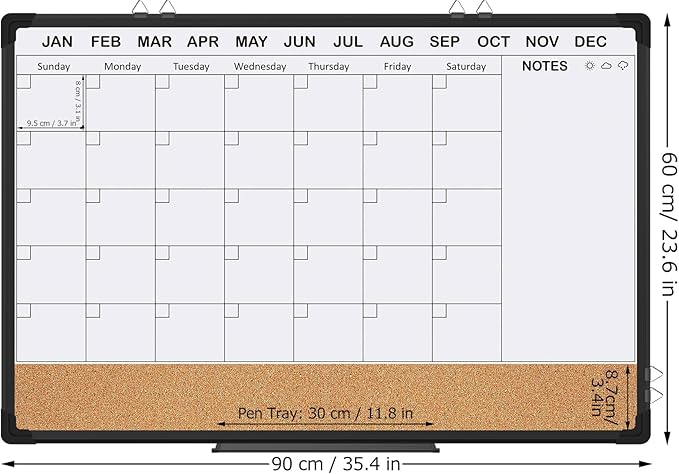 EAONE 36x24 in Double Side Whiteboard Calendar & Cork Board Combo for Wall, 3 in 1 Magnetic Dry Erase Whiteboard Monthly Calendar and Bulletin Board with Aluminum Frame for Home Office Kitchen-DeskLoop Office