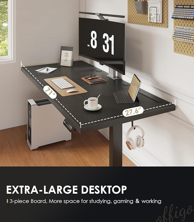 OffiGo Electric Standing Desk with 3-Piece Board, 71 Inch Height Adjustable Large Desk with Power Outlets, Sit Stand Table, Writing Computer Desk for Home, Office, Workstation, Black-DeskLoop Office