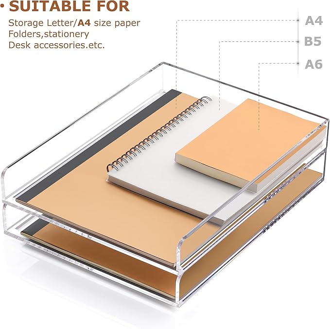 SANRUI 4 Tier Stackable Paper Letter Tray, Acrylic Vertical File Tray A4 Desk Organizer and Accessories Sorter Trays, Clear Workspace Office Supplies Organizers,12inx9.25inx6.6in-DeskLoop Office