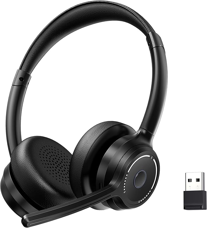 (2025 Upgraded) Wireless Headset with Mic for Work, Bluetooth Headset with Noise Canceling Microphone, Wireless On Ear Headphones with USB Dongle and Mute Mic for Computer-DeskLoop Office