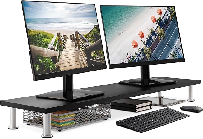 The Original Bamboo Dual Monitor Stand (As Seen On PBS) - 42 Inch Large Monitor Riser for Computer Screens, Laptop or TV - Desk Shelf Adds Storage Space and Improves Ergonomics - Black-DeskLoop Office