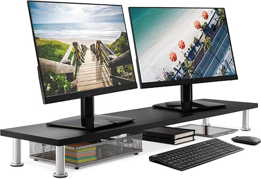 The Original Bamboo Dual Monitor Stand (As Seen On PBS) - 42 Inch Large Monitor Riser for Computer Screens, Laptop or TV - Desk Shelf Adds Storage Space and Improves Ergonomics - Black-DeskLoop Office