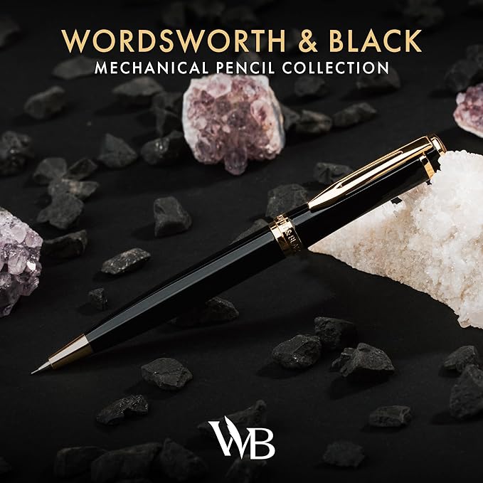 Wordsworth and Black Mechanical Pencil Graphite Lead- Stunning Luxury Metal Pencil, Black Lacquer 24K Gold Finish, 0.7mm Led, Best Gift Set for Men & Women, Professional Executive Office Pencils-DeskLoop Office