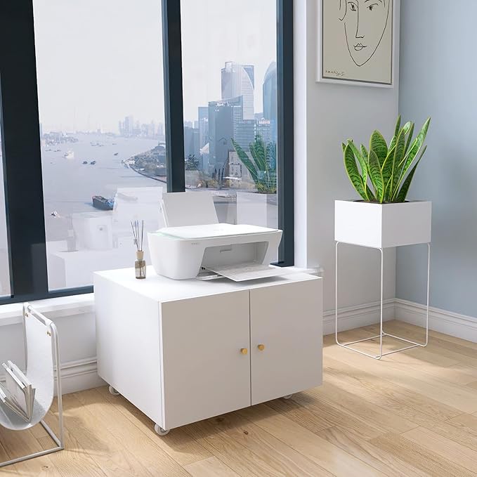 Under Desk Printer Stand with Wheels, Low Printer Stand Storage, Filing Cabinet with Paper Storage Shelf, File Carts with 2 Doors, Mobile Printer Holder for Home Office, School, White-DeskLoop Office