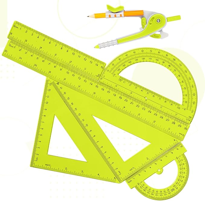 Zonon 1 Set Plastic Geometry Math Set 7 Pcs Includes 6'' / 4 '' Protractor, Drawing Compass, 45/60 Degree Triangle Rulers, 12'' / 6'' Math Ruler Transparent for Office Supplies(Yellow)-DeskLoop Office