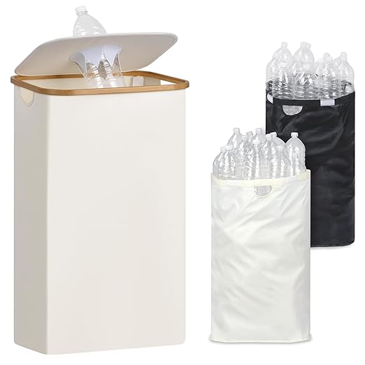 29 Gallons Recycling Bins for Kitchen, Indoor Recycle Bins with Lid, 110L Large Recycle bin with 2 Removeable Reusable Inner Bags, for Bottles Cans Glass Plastice Cartons(Beige)-DeskLoop Office