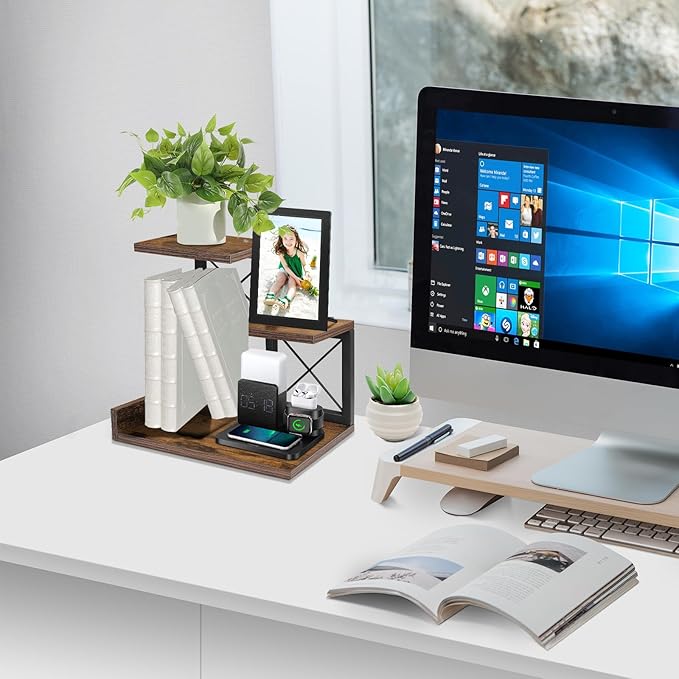 ELITEROO Desk Shelf Organizer, Wood Desktop Organizer Small Bookshelf, 3 Tier Storage Shelf Riser Display Stand for Office Decor and Desk Accessories, Rustic Brown Black-DeskLoop Office