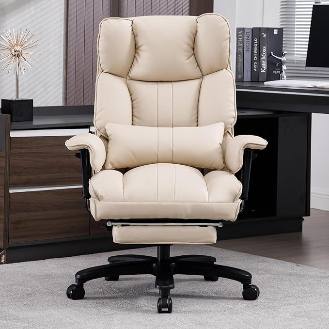 Big and Tall Office Chair 500lbs Wide Seat Executive Office Desk Chair High-Back Office Task Chair with Foot Rest, Ergonomic Lumbar Support Computer Office Chairs for Heavy People(Beige)-DeskLoop Office