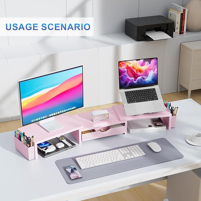 gianotter Dual Monitor Stand Riser, Desk Organizer With Drawer and 2 Pen Holders,Desk Organizers and Accessories, Pink Office Supplies (Pink)-DeskLoop Office