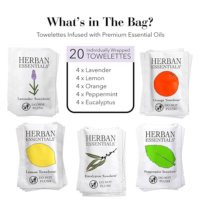 Herban Essentials - Assorted Wipes & Towelettes - Essential Oil Wipes for Hands, Face and Body - Travel Size Essentials and Toiletries - Natural, Individually Wrapped, Disposable and Moist (20 count)-DeskLoop Office