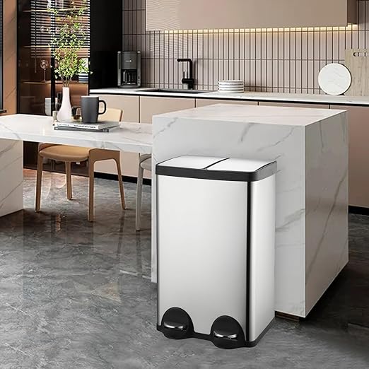 Dual Trash Can, 60 Liter/16 Gallon Dual Bin Trash Can with Lids, Kitchen Trash Can Dual Compartments, Trash and Recycling Bin Combo, Hands-Free Stainless Steel Kitchen Trash Can-DeskLoop Office