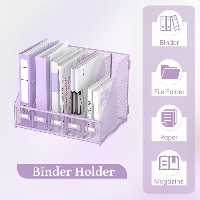 SUPEASY Desk Organizers Metal Desk Magazine File Holder with 5 Vertical Compartments Rack File Organizer for Office Desktop, Home Workspace, Purple Plus-DeskLoop Office