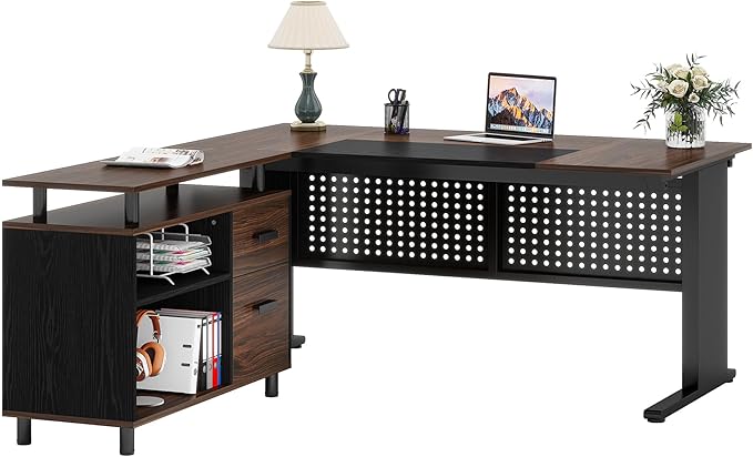 Tribesigns 63 Inch Executive Desk with File Cabinet, Large Office Desk L Shaped Computer Desk with Drawers and Storage Shelves, Business Furniture Desk for Home Office, Dark Walnut and Black-DeskLoop Office