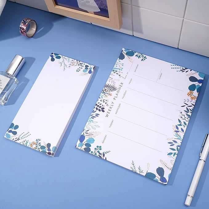 Weekly Planner Notepad Tear Off Set of 2 Weekly Calendar Pad 52 Undated To Do List Notepad Sheets Desk Planner Planning Pads Productivity Tracker for Work Goals Notes Schedule Ideas, Floral Blue-DeskLoop Office