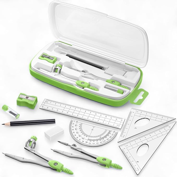 Zonon Math Geometry Set 10 Pcs Student Supplies with Shatterproof Storage Box, Includes Rulers Protractor Compass Pencil Sharpener Lead Refills Eraser Pencil for Drafting and Drawings(Green)-DeskLoop Office