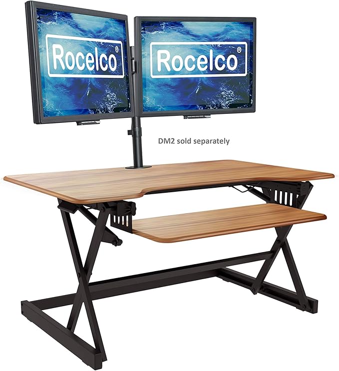 Rocelco 40" Large Height Adjustable Standing Desk Converter - Quick Sit Stand Up Dual Monitor Riser - Gas Spring Assist Computer Workstation - Retractable Keyboard Tray - Teak Wood Grain (R DADRT-40)-DeskLoop Office