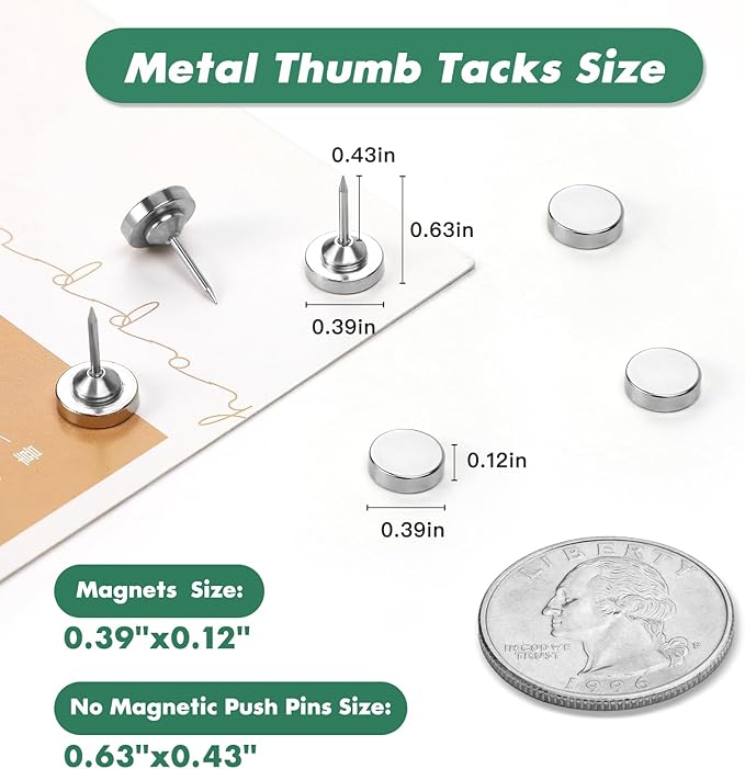 60 Pack Magnetic Push Pins, Silver Magnet Thumb Tacks, Metal Magnet Tacks, Magnetic Clips, Push Pins for Cork Board, Bulletin Board, Photo Wall, Wall-DeskLoop Office