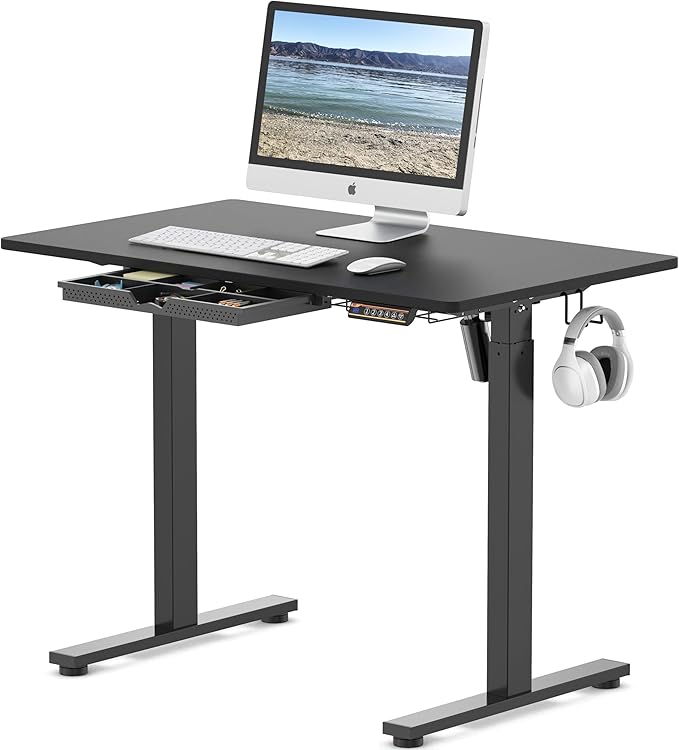 SHW 40-Inch Electric Height Adjustable Standing Desk with Drawer, Memory Preset and Cable Management Tray, Black-DeskLoop Office