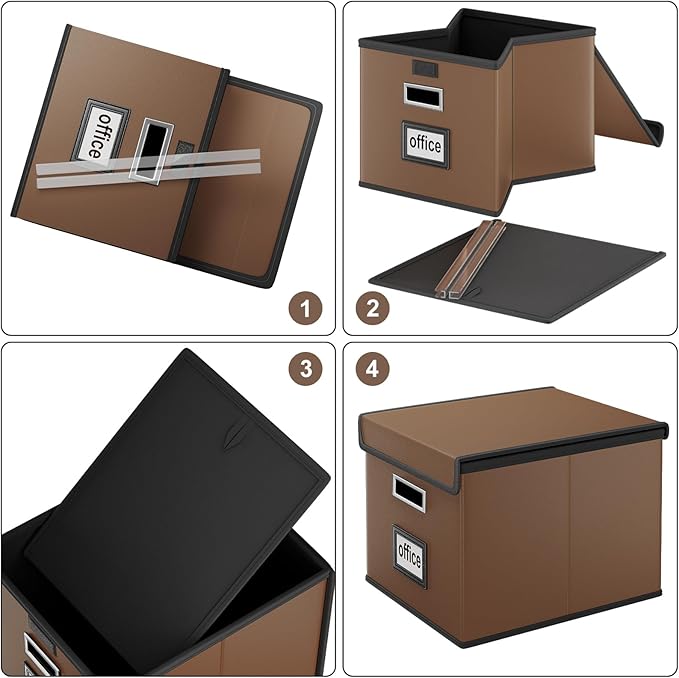 Huolewa Faux Leather File Organizer Box with Lid, Collapsible Hanging File Folder Box Organizer with Plastic Slides, Decorative Home/Office Filing System Boxes for File and Folder Storage-Brown-DeskLoop Office
