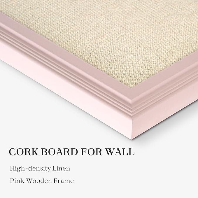 Large Cork Board with Linen, 36" x 24" Hanging Pink Wood Framed Bulletin Board, Picture Display Vision Board Corkboards for Wall Room School Office Decor, 10 Pushpins, 1 Pack