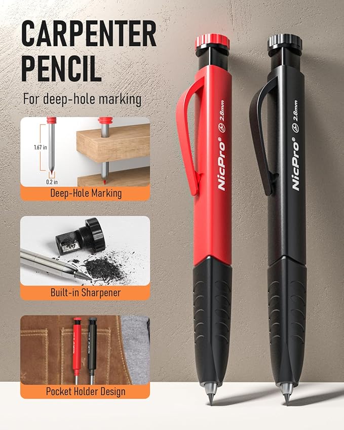Nicpro 2 Pack Carpenter Pencil Set with Sharpener & Finger Grip, Mechanical Woodworking Pencils with 26 Refills (Red, Black, Yellow), Deep Hole Marker Heavy Duty Construction Pencils - With Case