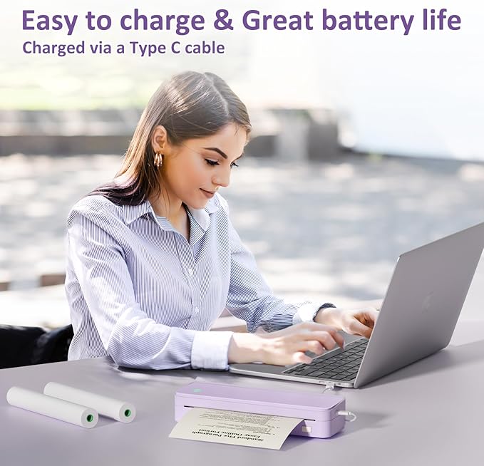 Inkless Portable Printer for Travel, Wireless Thermal Printer Supports 8.5 x 11 Inch US Letter Size, Bluetooth Machine Includes Carry Case and 3 Rolls of Thermal Paper Kit, Purple-DeskLoop Office
