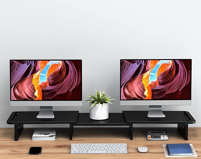 Zimilar Dual Monitor Stand Riser, Monitor Stand with Adjustable Length and Angle, Wood Monitor Stand for Desk, Monitor Riser for 2 Monitors with Storage Space-DeskLoop Office